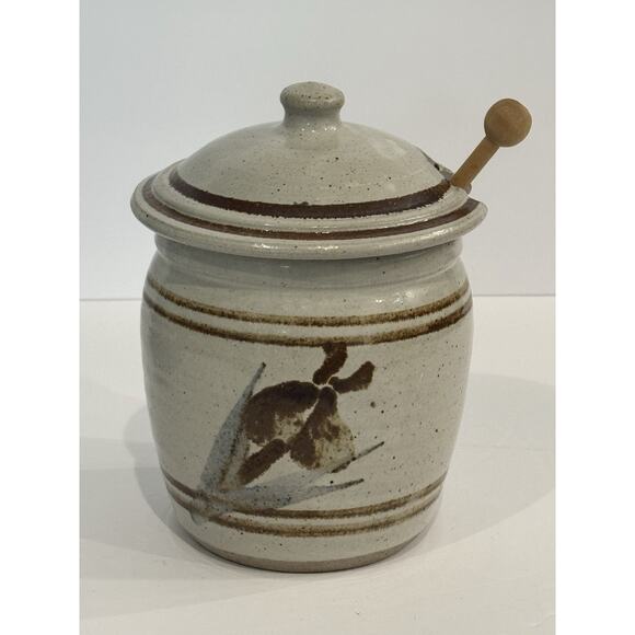 Vintage Rossmore Pottery Stoneware Honey Jam Jar Brown Stripe Orchid Flower - Picture 1 of 12